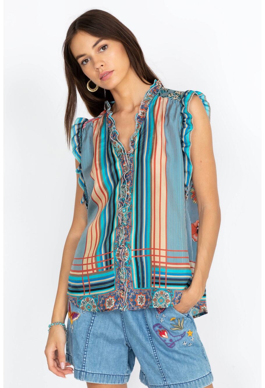 Johnny Was Ophelia Silk Striped Printed Flowy Oversized Blue Blouse Size S